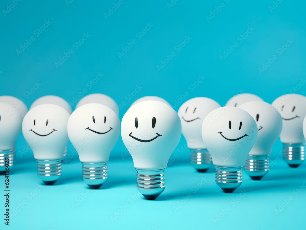 Poster Many smiling white light bulbs, capturing attention. Symbolic of the significance of differentiation and the power of choice. The concept of Idea. AI generative.