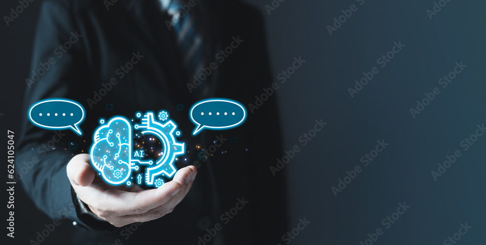Poster a person hold brain ai chip.new technology big data and business process strategy, customer service 