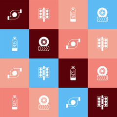 Set pop art Automotive turbocharger, Racing traffic light, Nitrous oxide and Car tire wheel icon. Vector