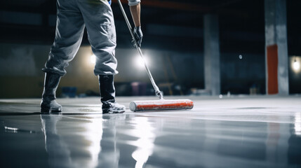 The worker applies gray epoxy resin to the new floor