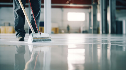 The worker applies gray epoxy resin to the new floor