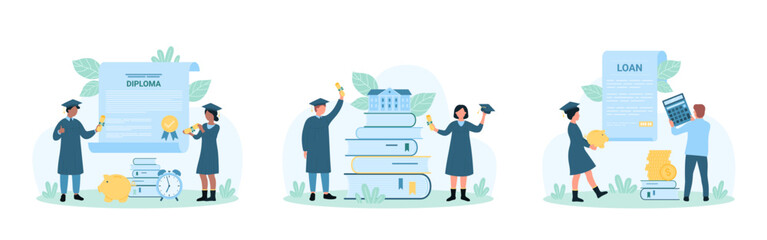 Graduation set vector illustration. Cartoon tiny graduates achieve end of education and study, people in caps and academic gowns celebrate diploma, hold money and calculator for students loan payment