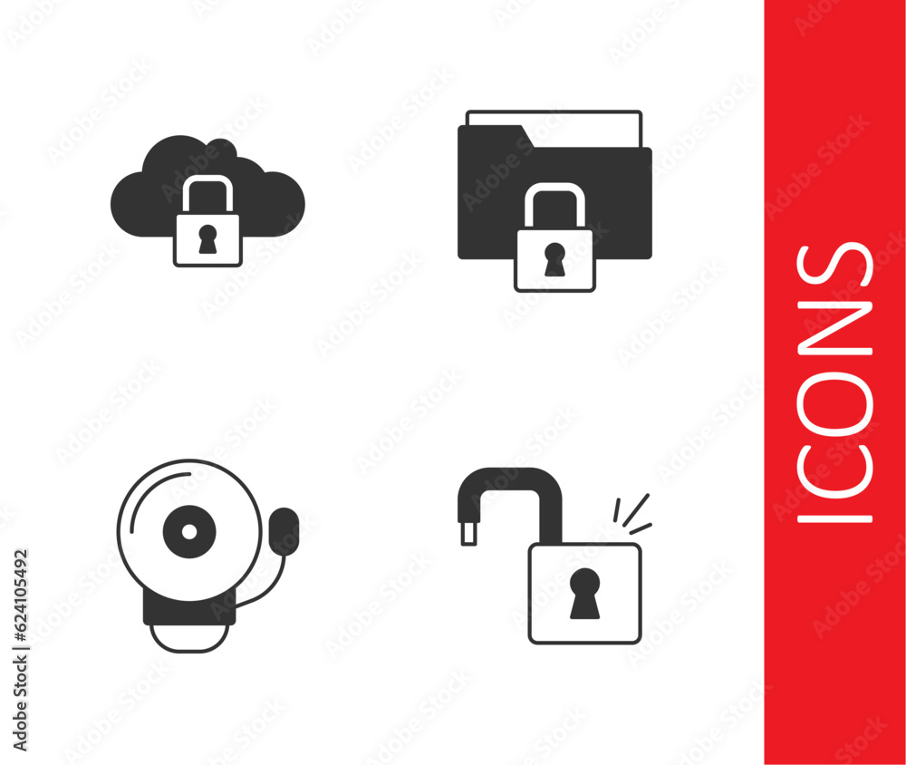 Poster set open padlock, cloud computing, ringing alarm bell and folder and icon. vector