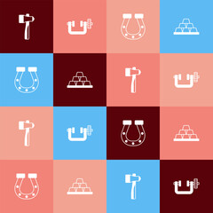 Set pop art Hammer, Clamp and screw tool, Horseshoe and Gold bars icon. Vector