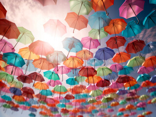 Fototapeta na wymiar Colorful umbrellas float and fly in sky, rain and sunny weather forecast, Insurance protection Concept. Ai Generative