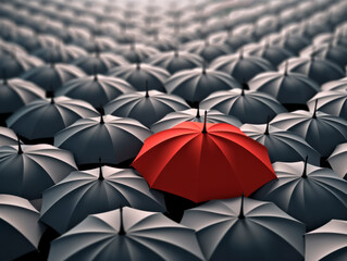Be different concept, single red umbrella between many black ones on a rainy day. Choice, leadership. Ai Generative