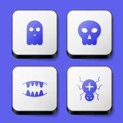 Set Ghost, Skull, Vampire teeth and Spider icon. White square button. Vector