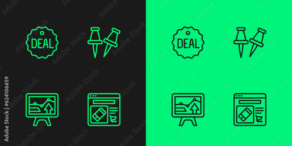 Poster set line online shopping on screen, monitor with graph chart, deal and push icon. vector