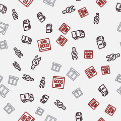 Set line Repair price, Armored truck, Laptop with dollar and Monitor on seamless pattern. Vector