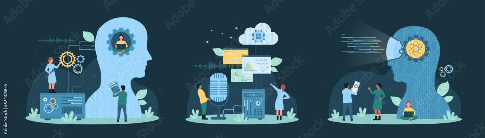 Poster cartoon tiny people work with computers, brain with artificial intelligence and circuit in human hea