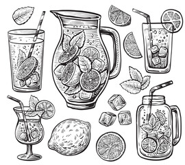 Lemonade vector sketch set. Hand-drawn vintage jug, jar, and glass with lemonade drink.