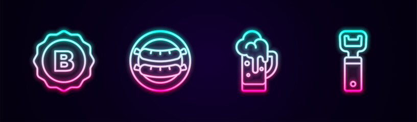 Set line Bottle cap, Sausage, Glass of beer and opener. Glowing neon icon. Vector