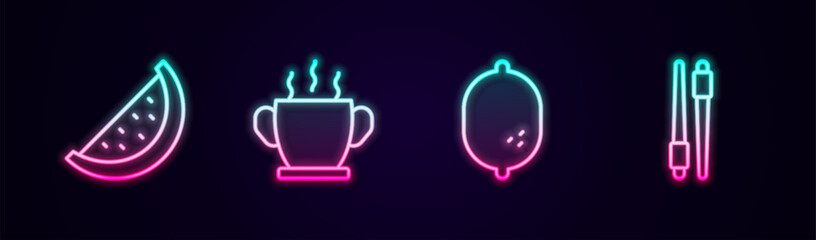 Set line Watermelon, Bowl of hot soup, Lemon and Food chopsticks. Glowing neon icon. Vector