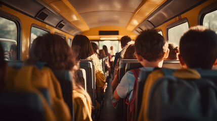 School bus with children, rear view