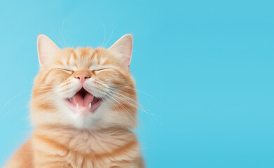 Obraz premium Happy smiling cat on blue green background