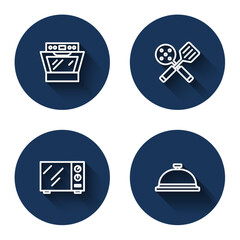 Set line Oven, Spatula, Microwave oven and Covered with tray of food with long shadow. Blue circle button. Vector