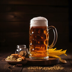 Beer in a beer mug on a wooden table with a beer snack