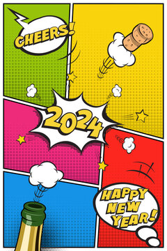 2024 New Year vertical postcard or greeting card template. Vector festive retro design in comic book or manga style with champagne bottle, flying cork and festive phrases inside speech bubbles