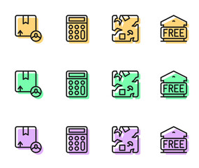 Set line Broken cardboard box, Carton, Calculator and Free storage icon. Vector