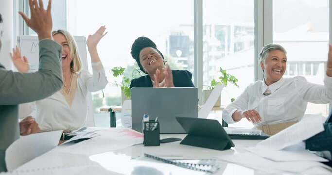 Documents in air, celebration and business people in meeting with victory, success and achievement. Teamwork, corporate office and happy men and women throw paperwork for winning, good news and goals
