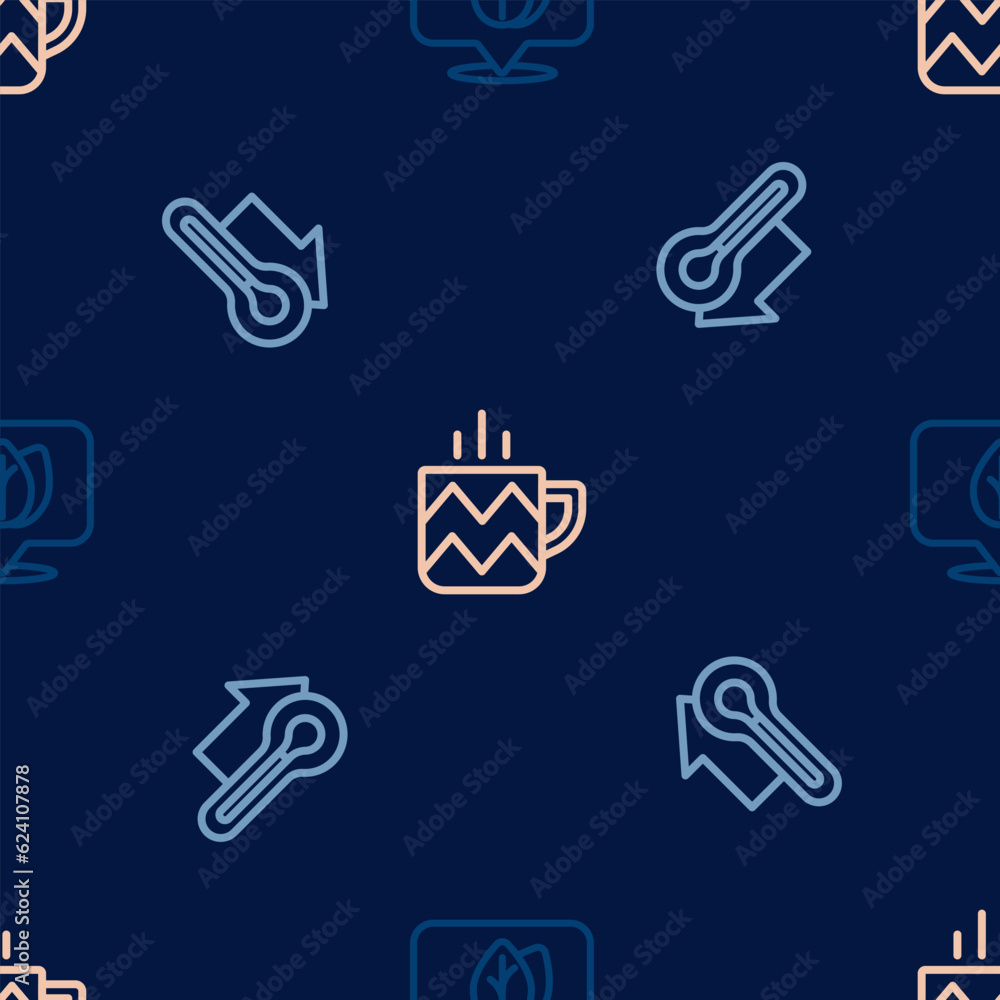 Poster set line location with leaf, thermometer and cup of tea on seamless pattern. vector