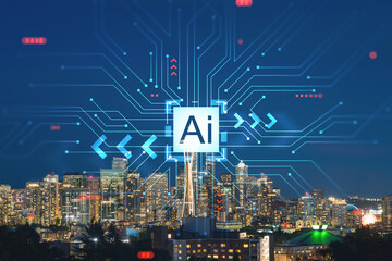 Seattle skyline panorama from Kerry Park. Skyscrapers of financial downtown at night, Washington, USA. Artificial Intelligence concept, hologram. AI, machine learning, neural network, robotics