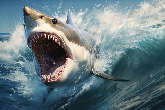 Realistic shark with open mouth and big teeth, in the middle of the ocean. AI generator