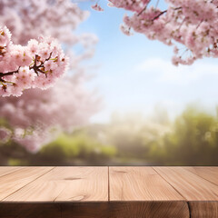 Sakura cherry tree blooms backgrounds with empty wooden table. Generated AI