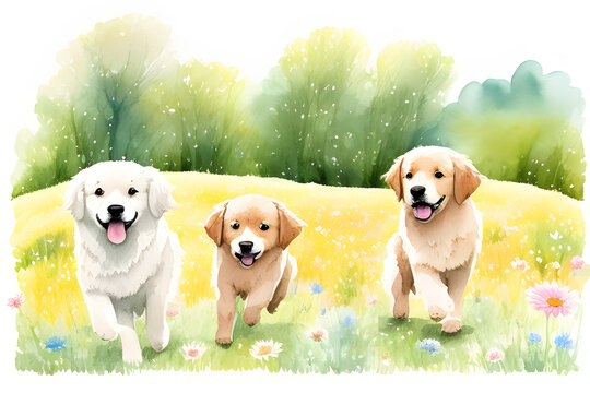 Puppies in a flowering meadow.
Generative AI