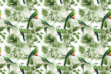Colorful tropical floral seamless pattern with parrots. Abstract natural backround. Digital paper art. Generative AI
