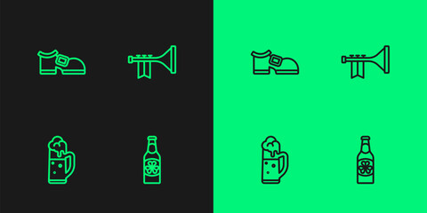 Set line Beer bottle with clover, Glass of beer, Leprechaun boot and Trumpet icon. Vector