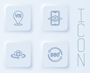 Set line Virtual reality, 3d modeling, 360 degree view and . White square button. Vector