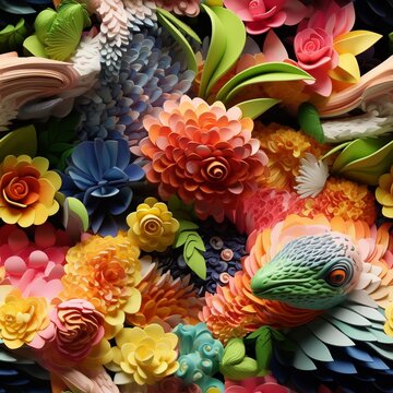 Colorful abstract shapes seamless pattern. Abstract pastel backround with flowers and animals. Digital art. Generative AI