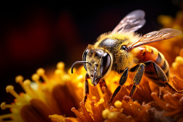 Fototapeta premium Vibrant AI generator illustration of very realistic bee searching for pollen