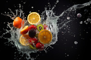 Fototapeta na wymiar Vibrant AI generator illustration of various fruits in splashing water