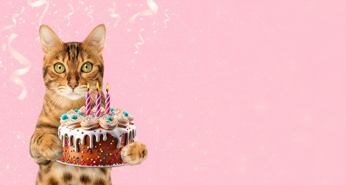 Ginger cat with a birthday cake and candles on a festive background.