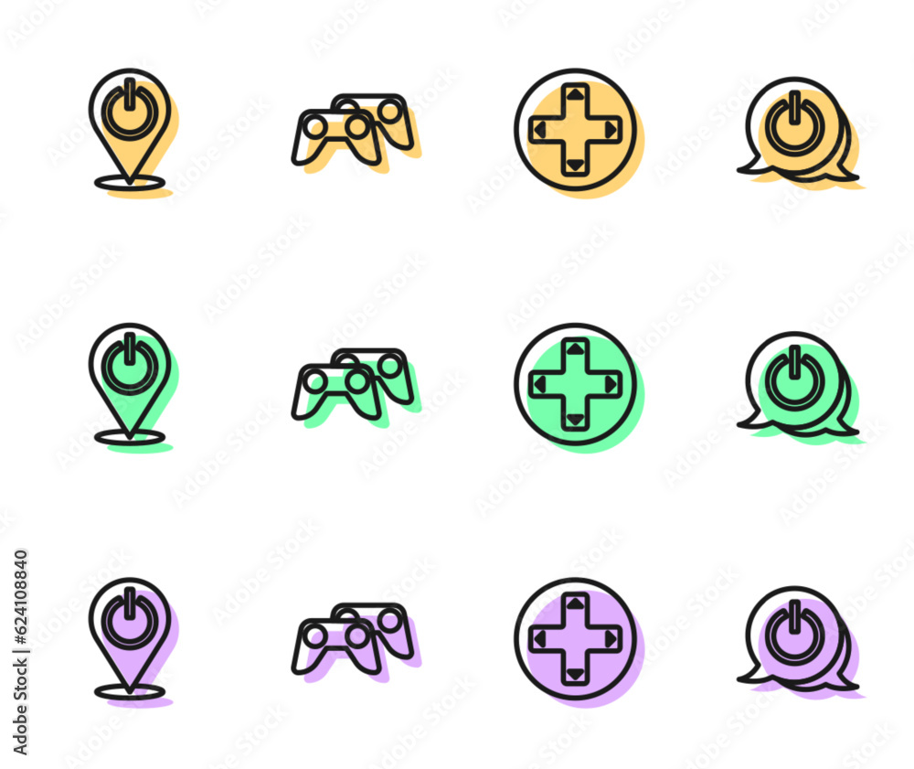 Poster set line game controller or joystick, power button, and icon. vector