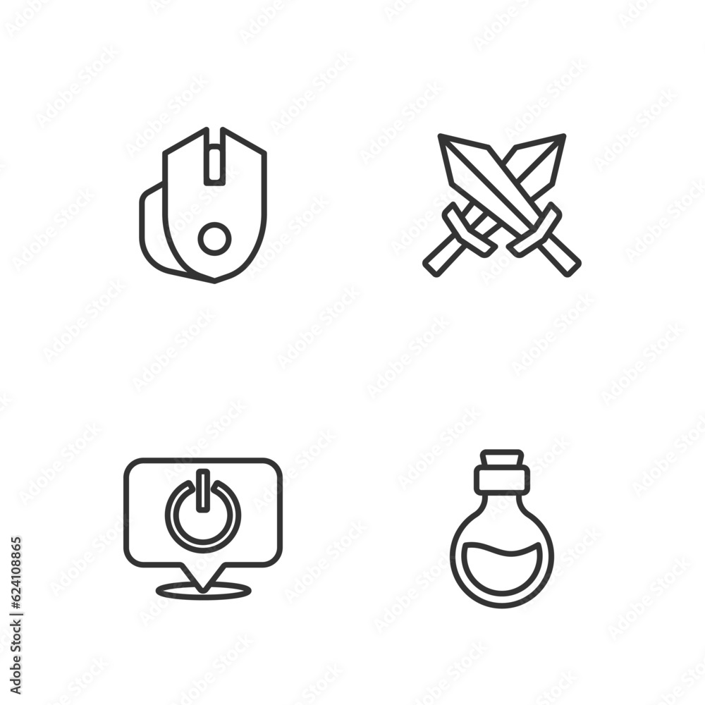 Poster set line bottle with magic elixir, power button, computer mouse and sword for game icon. vector