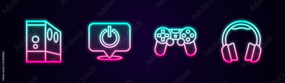 Poster set line case of computer, power button, game controller or joystick and headphones. glowing neon ic