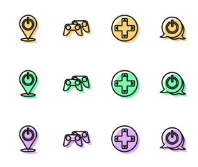 Set line Game controller or joystick, Power button, and icon. Vector