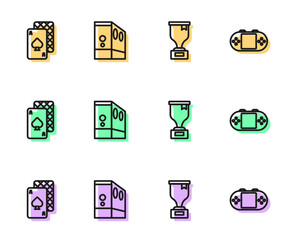 Set line Award cup, Playing cards, Case of computer and Portable video game console icon. Vector