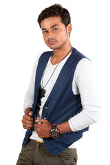 A young handsome Indian guy wearing a sleeveless blue jacket.