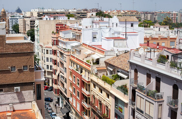 Aerial view of Botanic district in  Valencia, Spain. Cityscape from above. Heatwave in summer in Europe.