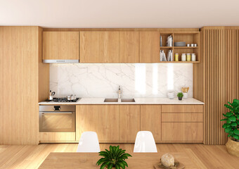 Interior of a kitchen seen from the front. Luminous image. Wooden floor, white furniture, marble counter tops and a wainscoting on the right side wall.