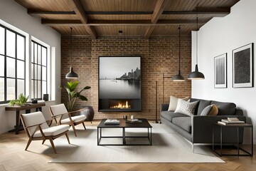 Interior design of a living room that combine  brick walls, metal accents, and minimalistic furniture to achieve a sleek and edgy look.
