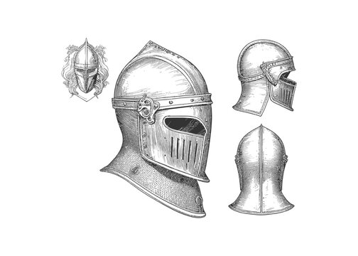 Knight helmet sketch hand drawn in engraving style.. Vector illustration desing.