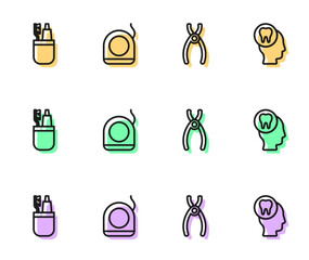 Fototapeta premium Set line Dental pliers, Toothbrush and toothpaste, floss and Toothache icon. Vector