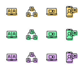 Set line Video chat conference, Meeting and icon. Vector