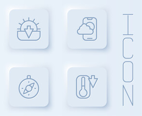 Set line Sunset, Weather forecast app, Compass and Thermometer. White square button. Vector