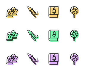 Set line Christmas book, mittens, Firework rocket and Lollipop icon. Vector